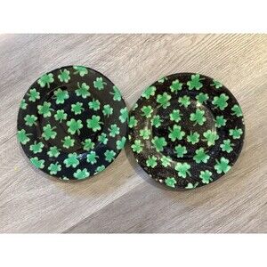 2 St Patrick Day Decorative Plates Green Shamrocks On Bey Dark Green Background